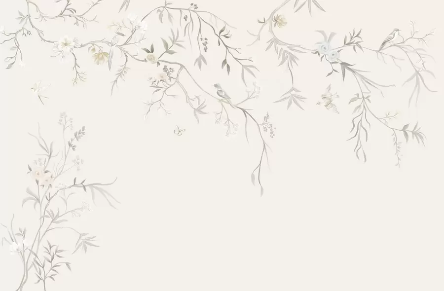 Fototapetes Delikāti ziedi un putni uz krīta fona w05127