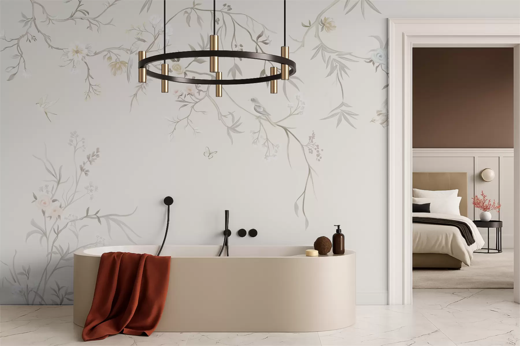 Fototapetes Delikāti ziedi un putni uz krīta fona w05127