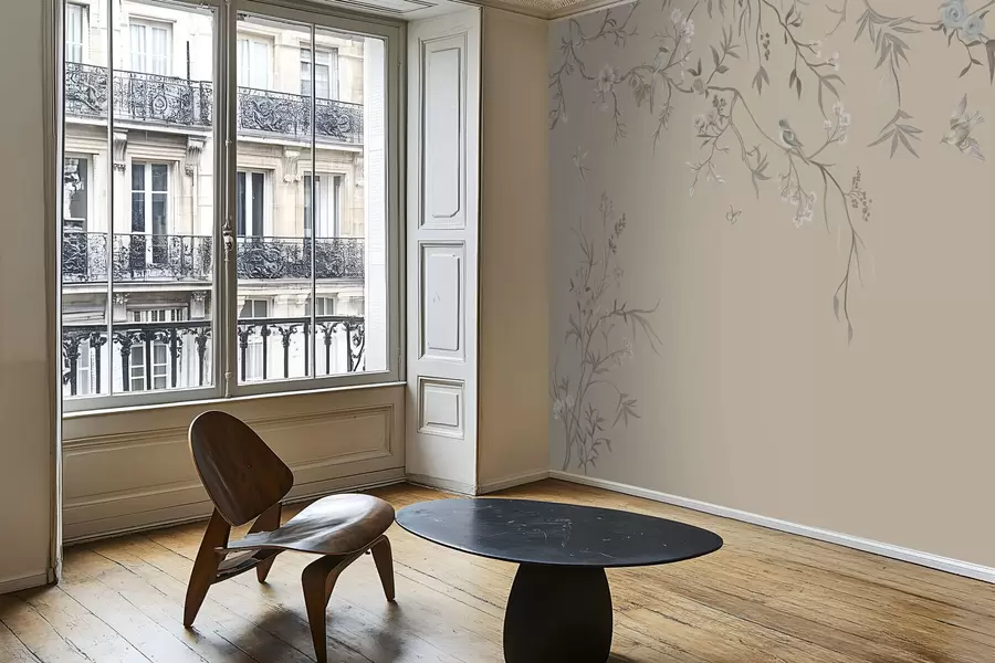 Fototapetes Ziedu zari ar putniem uz siltā smilškrāsas fona w05127v1