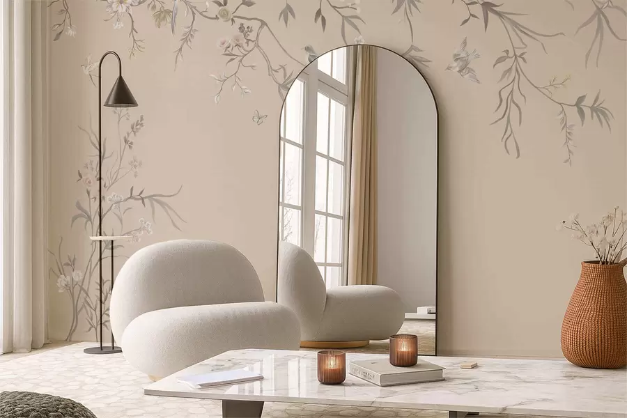 Fototapetes Ziedu zari ar putniem uz siltā smilškrāsas fona w05127v1