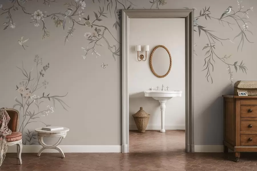 Fototapetes Ziedu ornamentu ar putniem uz neitrāla fona w05127v3