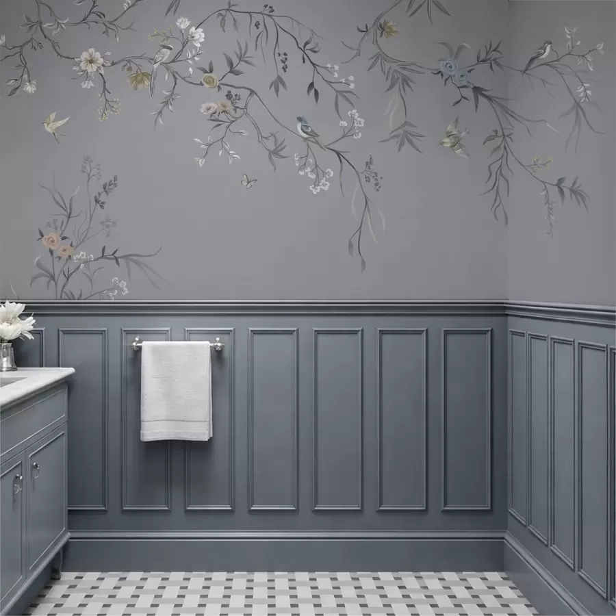 Fototapetes Ziedu zari ar putniem uz zaļgana fona w05127v5