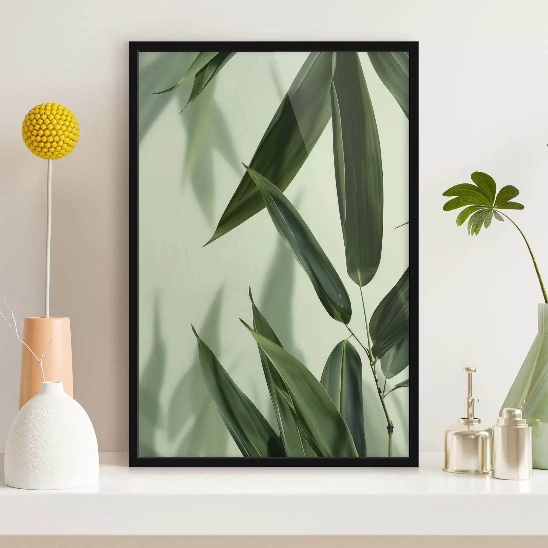 Fototapetes Bambusa lapas uz gaiša fona f47815