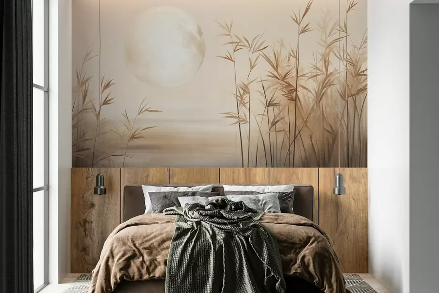 Fototapetes Teksturēts ainavas ar augstiem niedriem, ezeru un bālu mēnesi miglā apklātā debesīs w09631