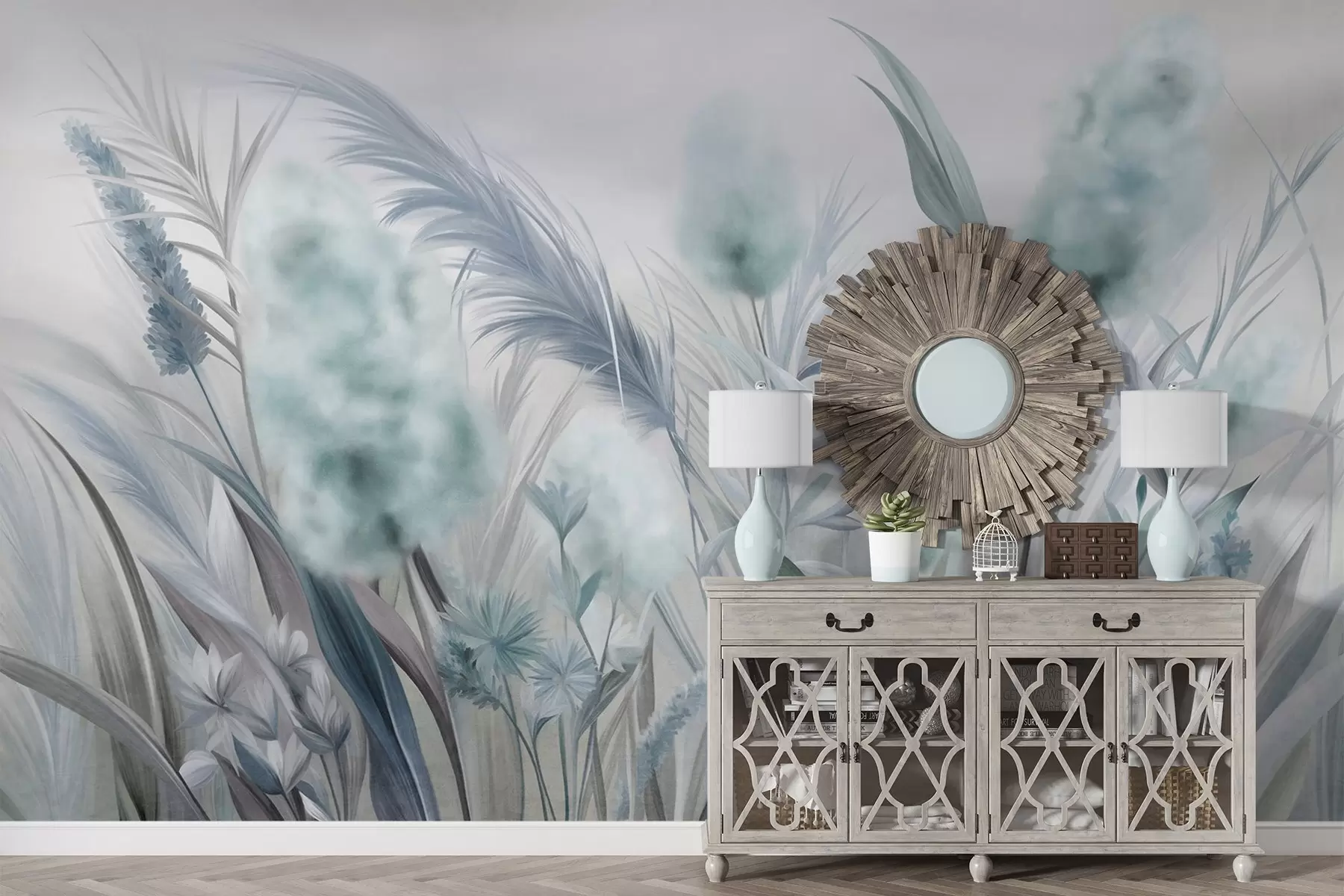 Fototapetes Zils un pelēks pampas zāle un citi kaltēti ziedi ar maigu, miglājošu debesi fonā w09635v1