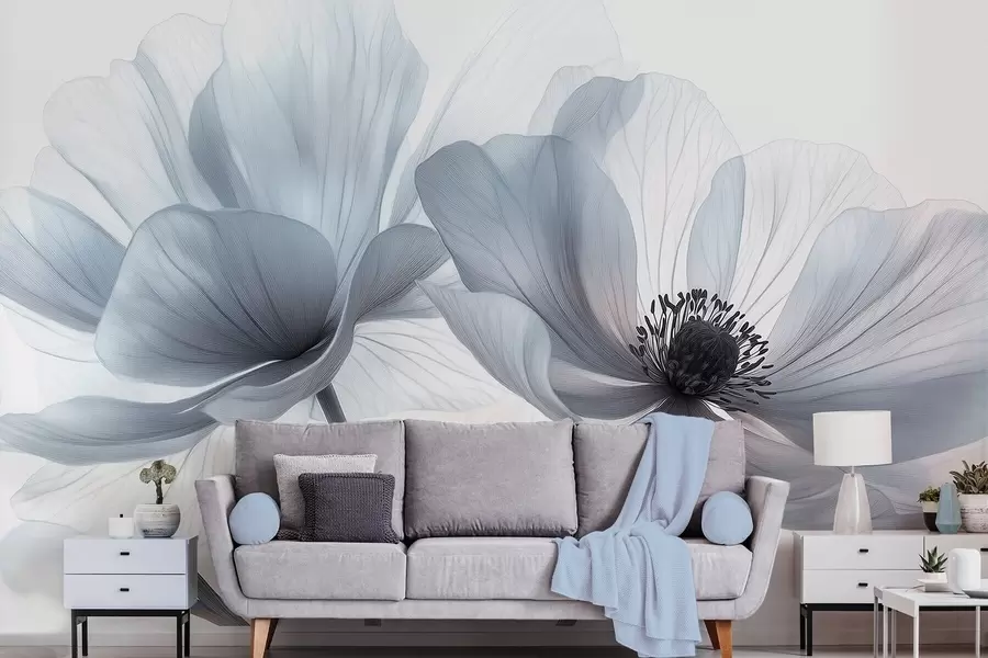 Fototapetes Caurspīdīgi zili balti ziedi uz gaiša fona w09720