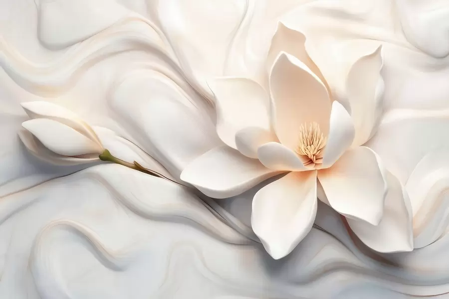 Fototapetes Trīsdimensiju balta magnolija ar marmora tekstūras imitāciju reljefā w09729