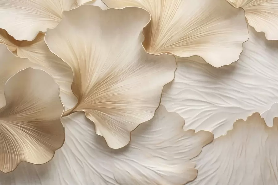 Fototapetes Teksturēti, smilškrāsas un baltas ginkgo lapu ziedlapiņas ar delikātu organisko apdruku w09741