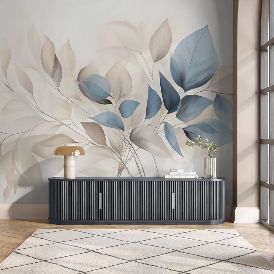 Fototapetes Abstraktas caurspīdīgas lapas zilas, smilškrāsas un krēmkrāsas toņos, faktūru māksla w09744