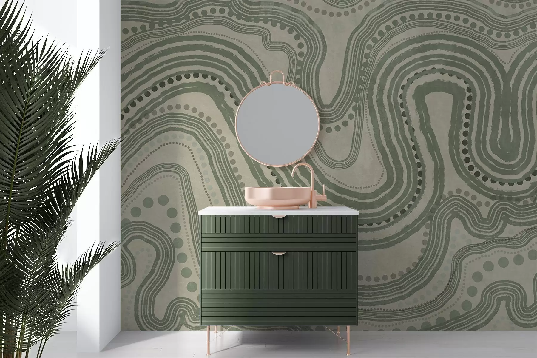 Fototapetes Abstraktas zaļas un smilškrāsas viļņotas līnijas un punkti, moderns teksturēts mākslas darbs w09747