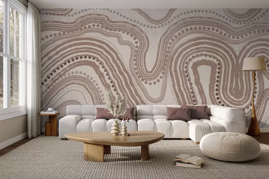 Fototapetes Abstraktas brūnas un smilškrāsas viļņotas līnijas un punkti, moderns teksturēts mākslas darbs w09747v1