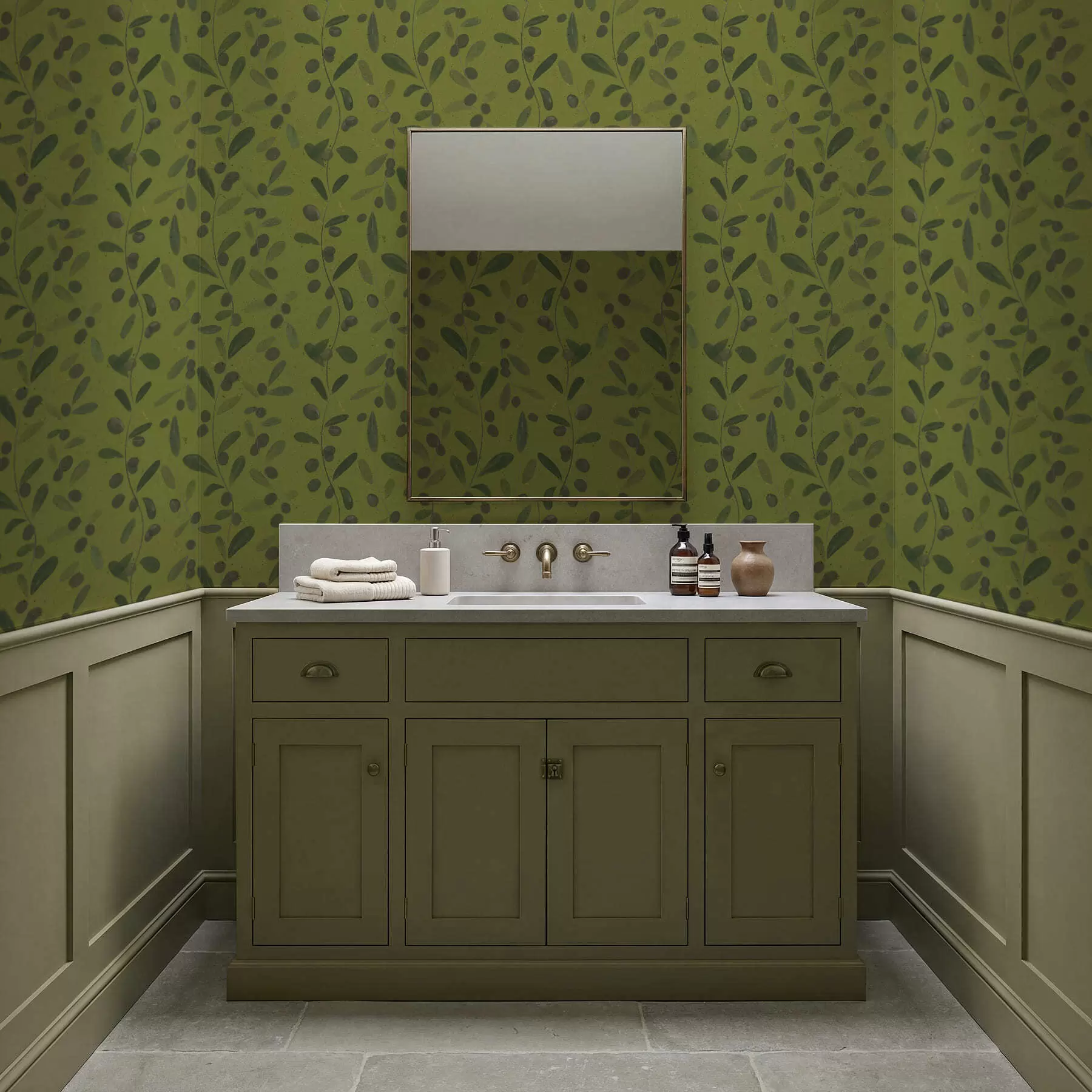 Fototapetes Zaļas zaras ar lapām un ogām uz olīvu kokiem a01113