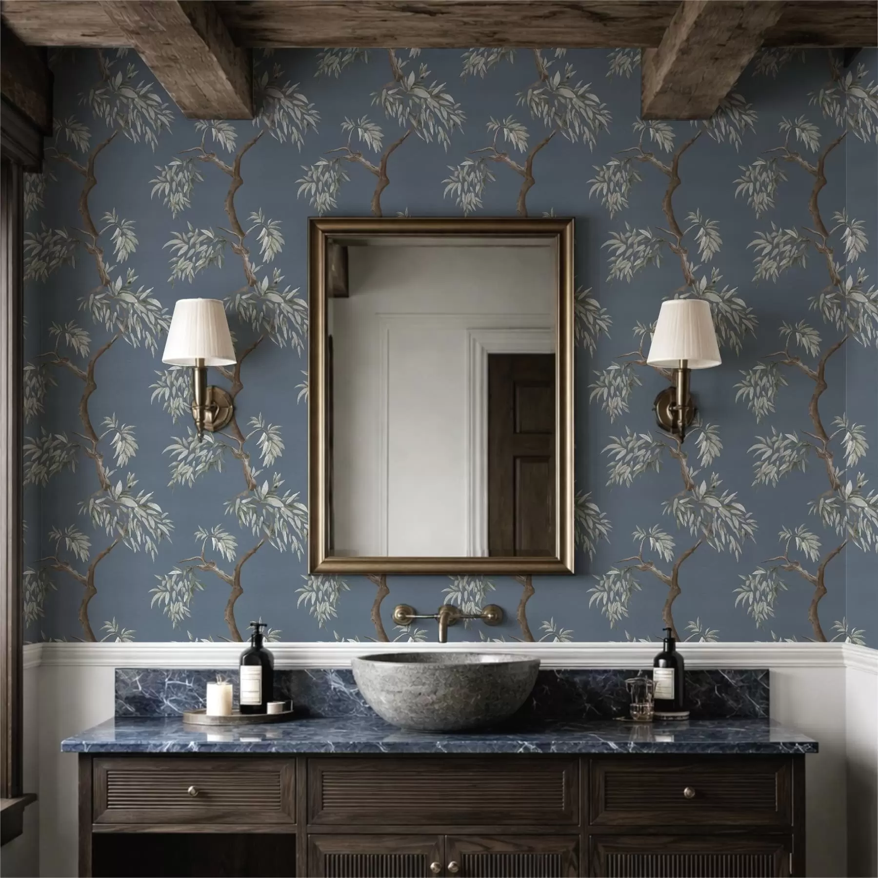 Fototapetes Koka zars ar lapām uz zila fona a01117