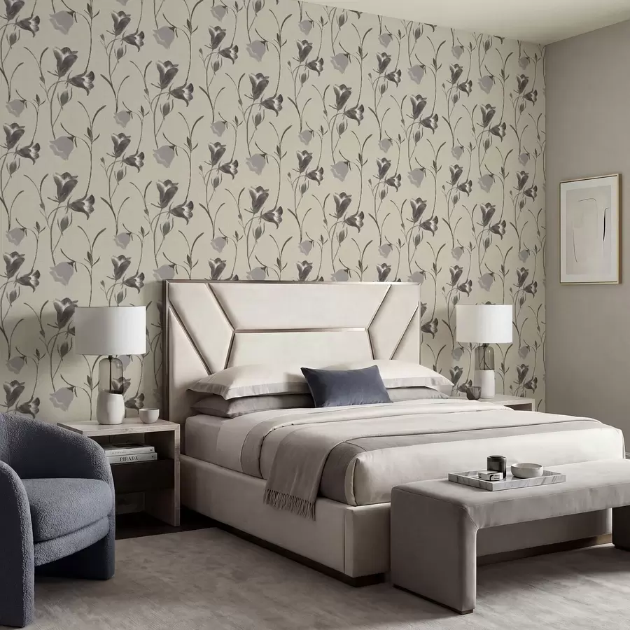 Fototapetes Pelēki zvaniņveida ziedi uz gaiši smilškrāsas fona a01119