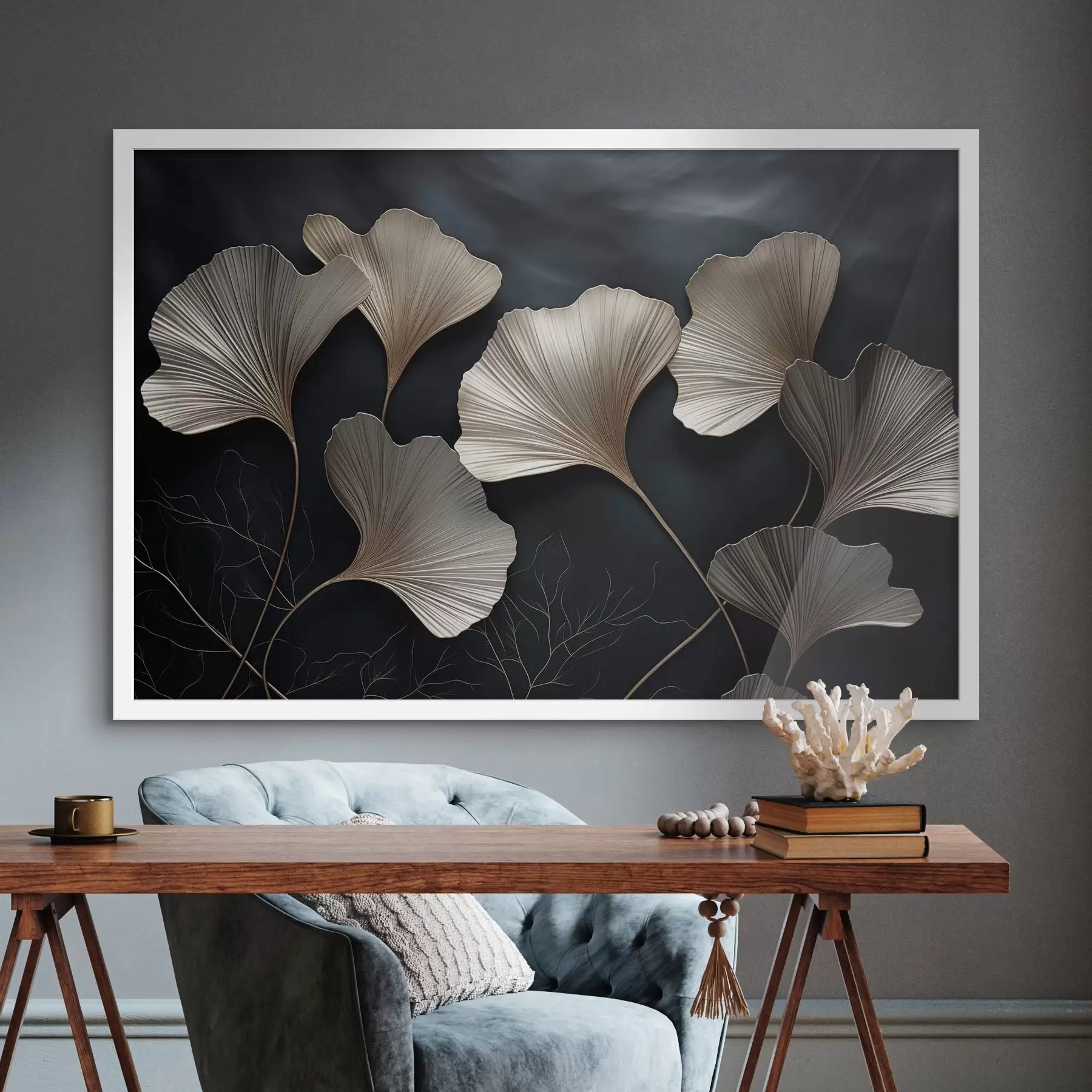 Fototapetes Ginkgo lapas uz tumša fona f48008