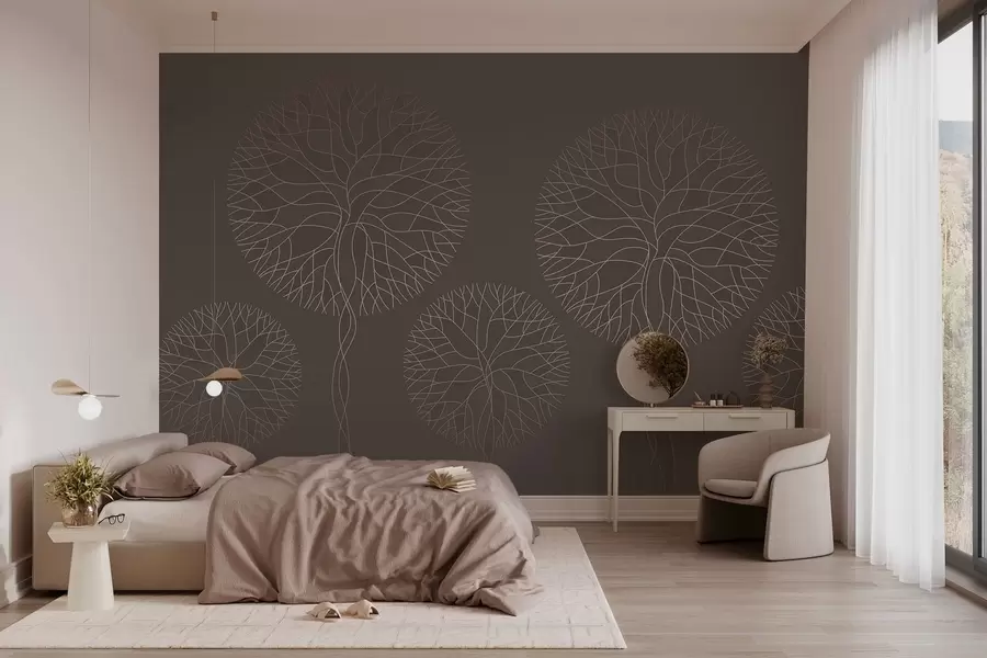 Fototapetes Fantastiski lineāri koki ar sulīgām vainagām elegantiem mokas toņos w05213v1