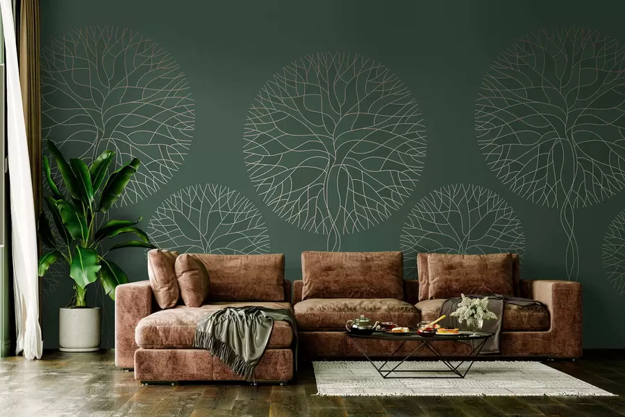 Fototapetes Fantastiski lineāri koki ar sulīgām vainagām eleganti tumši zaļos toņos w05213v2