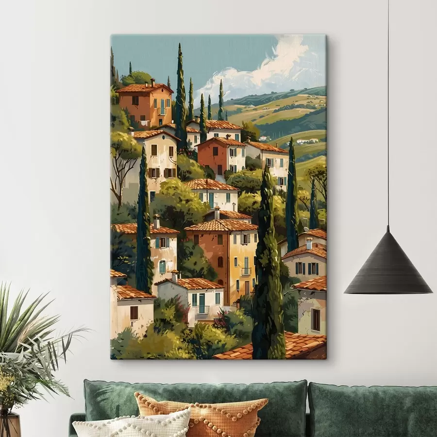 Glezna Vidusjūras kalnu ciemats, siltos toņos krāsotas mājas ar terakotas jumtiem s47950