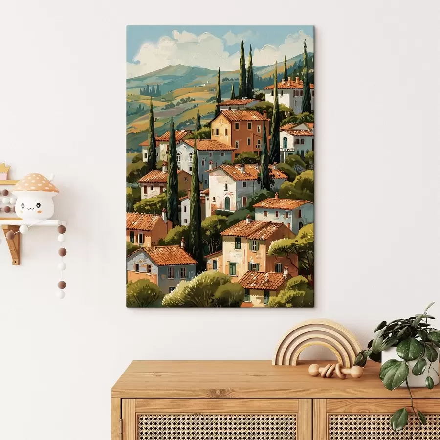 Glezna Vidusjūras kalnu ciemats, siltos toņos krāsotas mājas ar terakotas jumtiem s47951