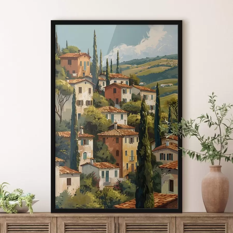 Fototapetes Vidusjūras kalnu ciemats, siltos toņos krāsotas mājas ar terakotas jumtiem f47950