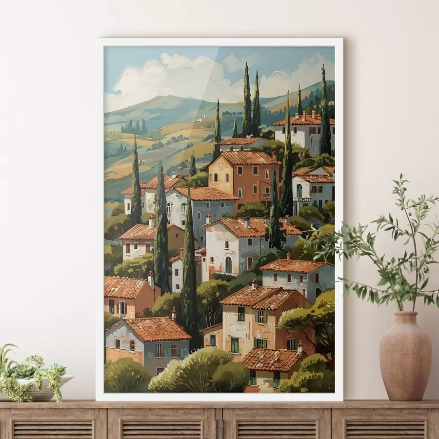 Fototapetes Vidusjūras kalnu ciemats, siltos toņos krāsotas mājas ar terakotas jumtiem f47951