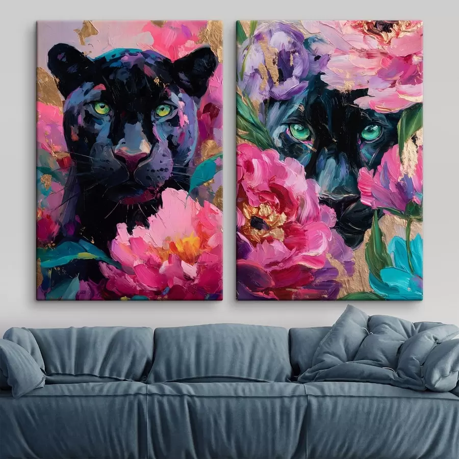Glezna melna pantera starp peonijām m30090