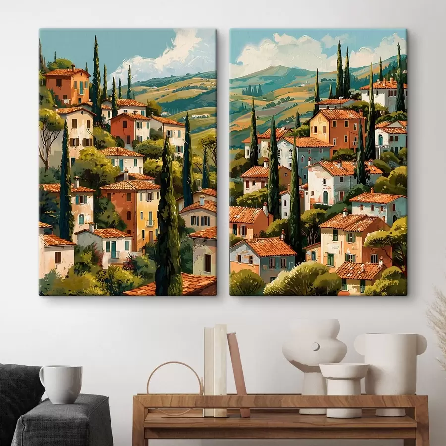 Fototapetes Vidusjūras kalnu ciemats, siltos toņos krāsotas mājas ar terakotas jumtiem m30097