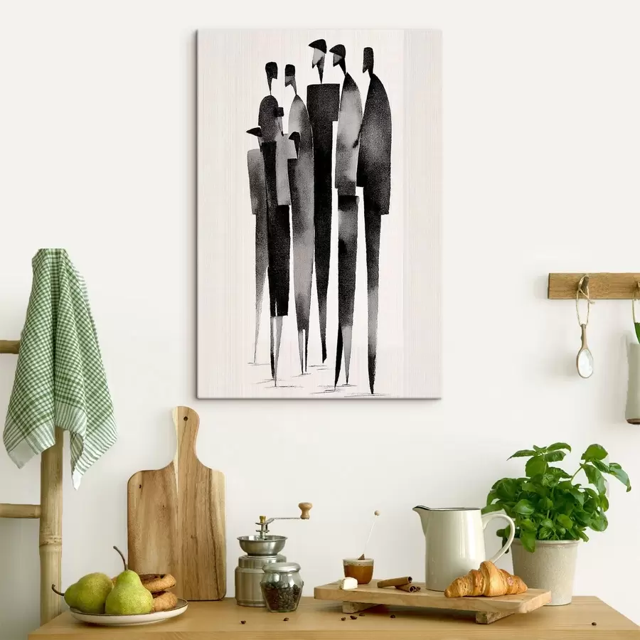 Glezna minimalistiskas, garenas cilvēku figūras, kas stāv rindā s48068