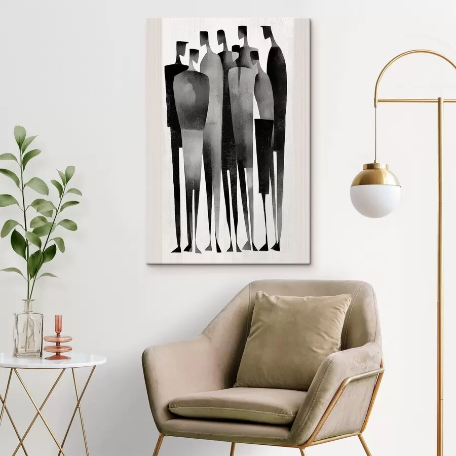 Glezna minimalistiskas, garenas cilvēku figūras, kas stāv rindā s48069