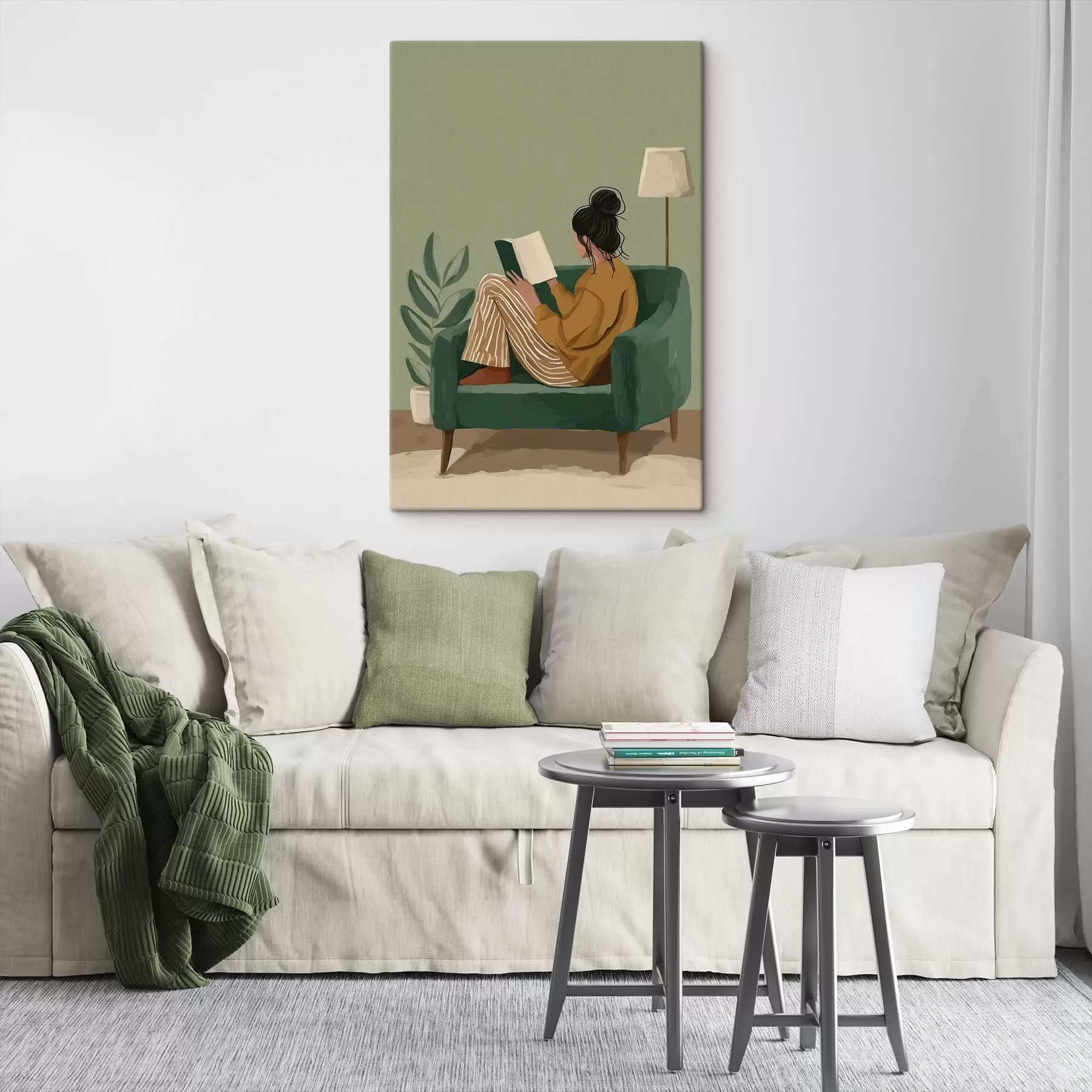Glezna minimāla, mājīga ilustrācija, kurā attēlota sieviete, sēžot atzveltnes krēslā un lasot grāmatu s48118
