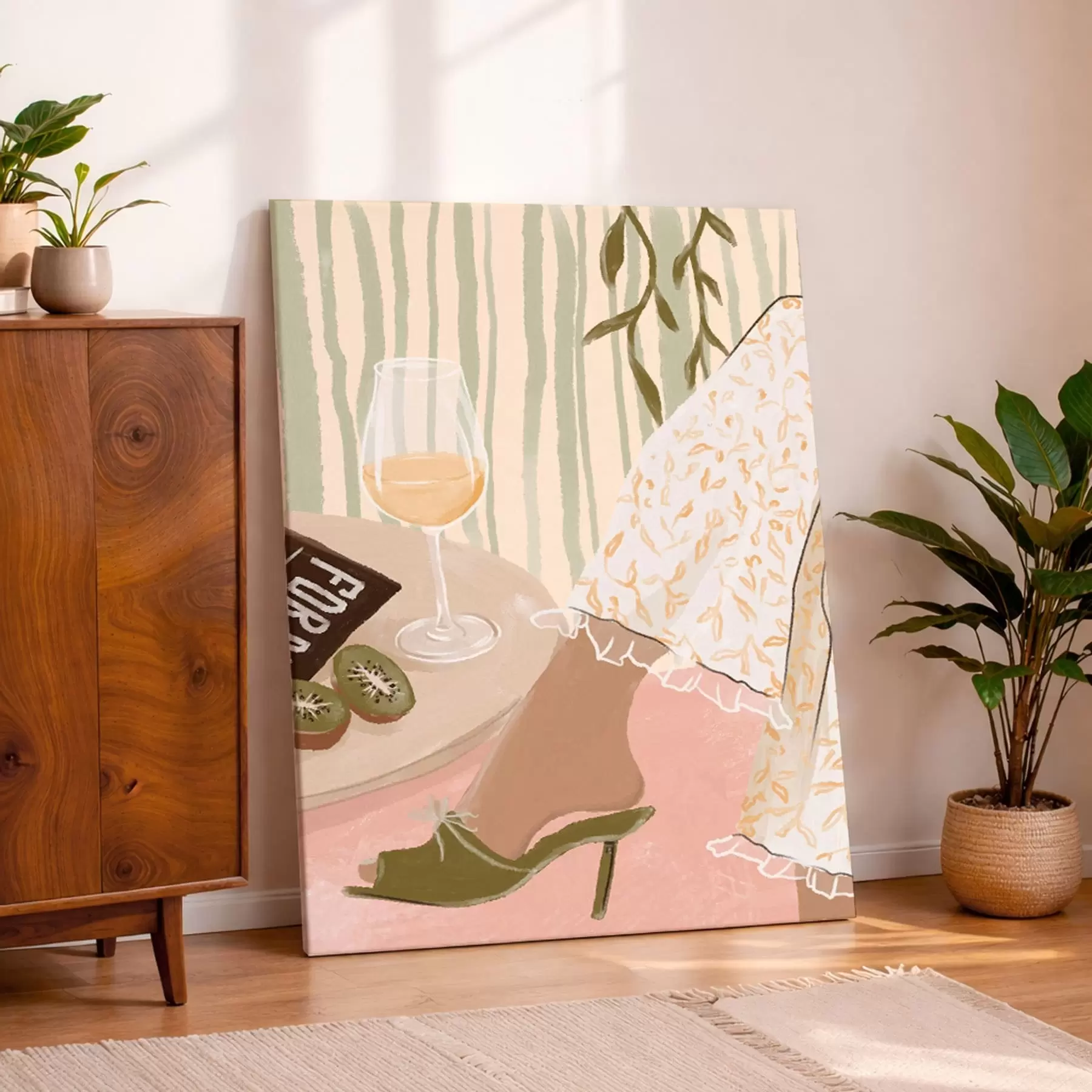 Glezna Galds ar vīna glāzi un kivi pie kleitas s48021