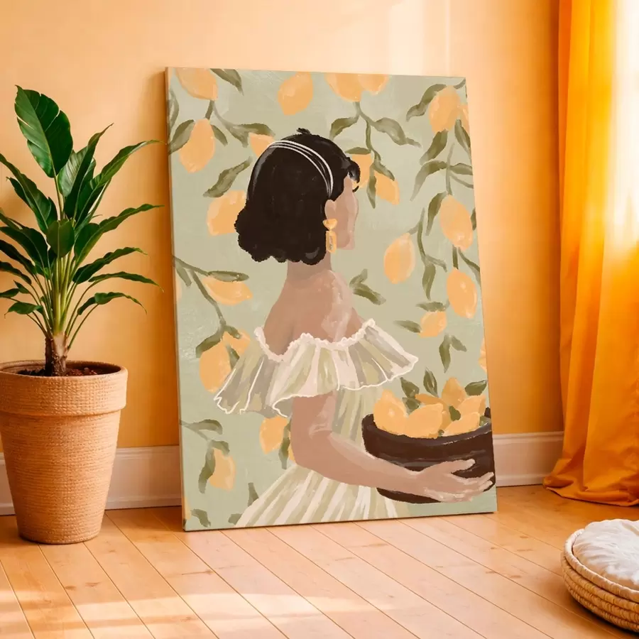 Glezna Sieviete, kas tur bļodu ar citroniem pie zariem s48023