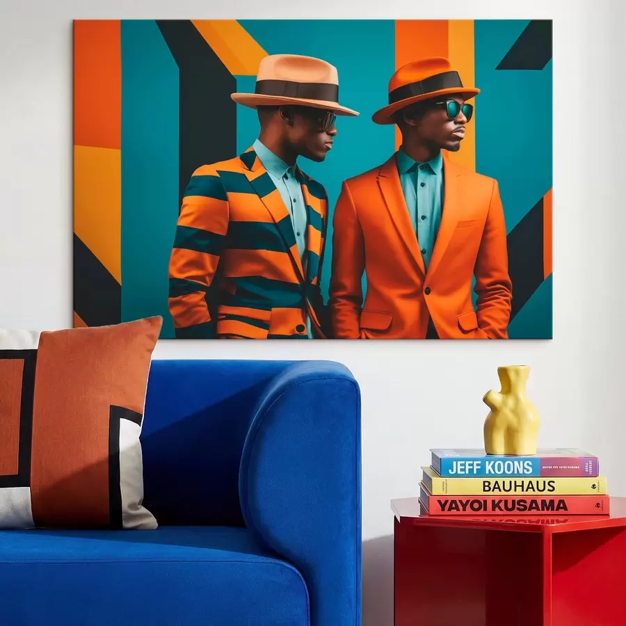 Glezna Divi vīrieši spilgtos uzvalkos un cepurēs s48091