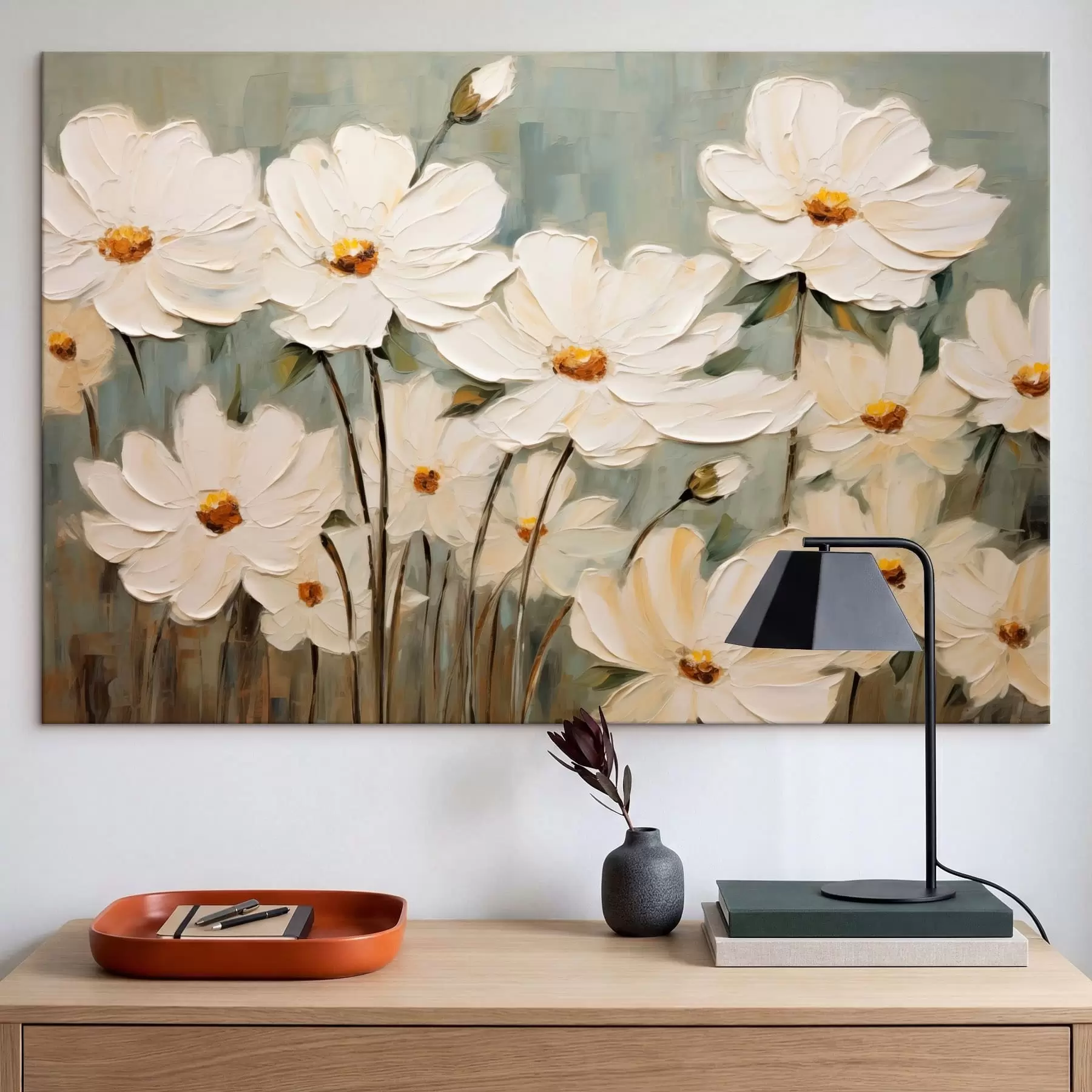 Fototapetes Baltas puķes uz faktūru fona, otu triepieni s48094