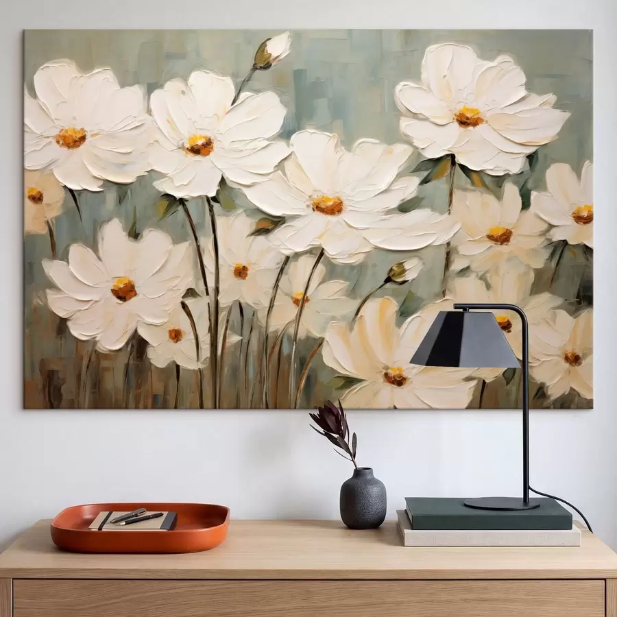 Glezna Baltas puķes uz faktūru fona, otu triepieni s48094