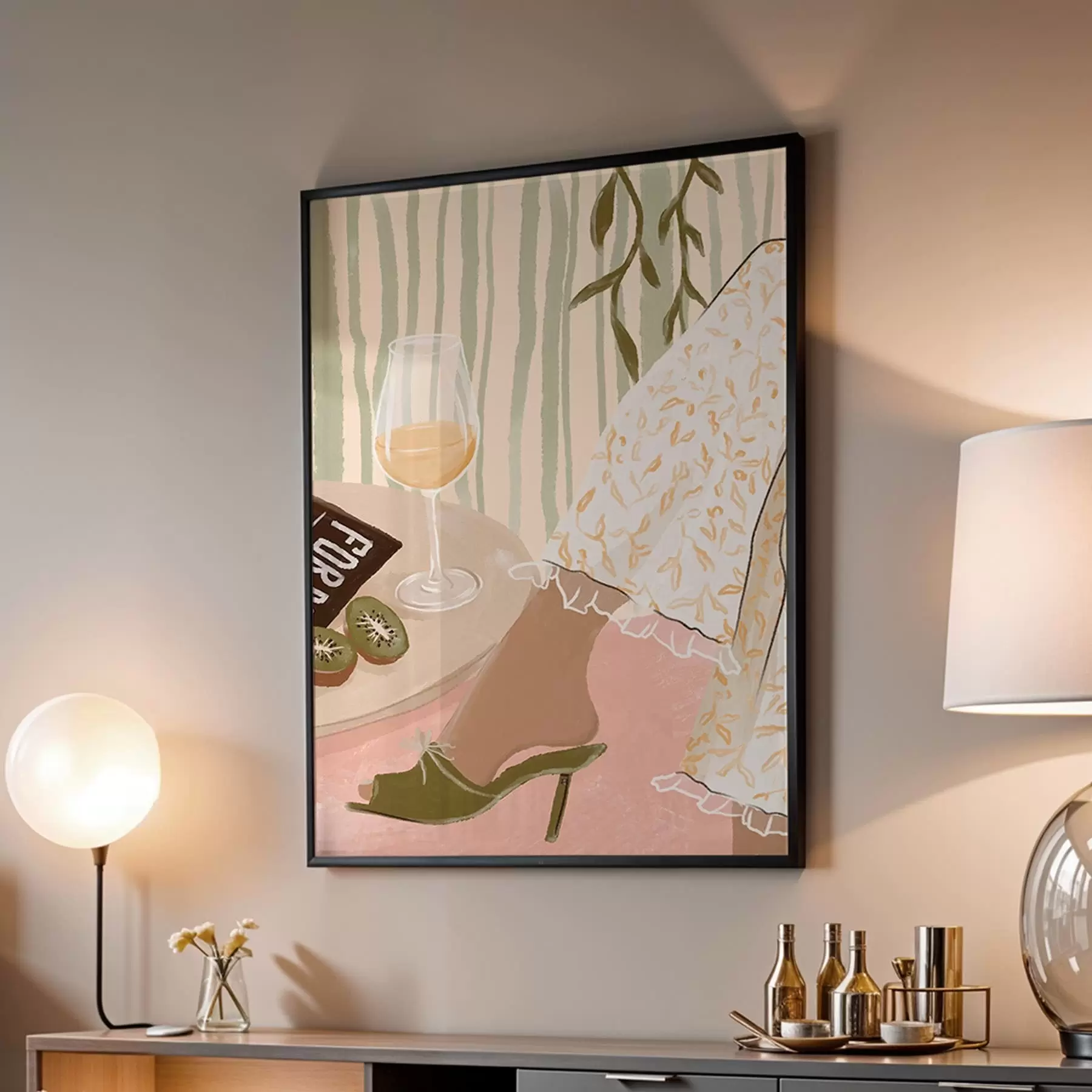 Fototapetes Galds ar vīna glāzi un kivi pie kleitas f48021