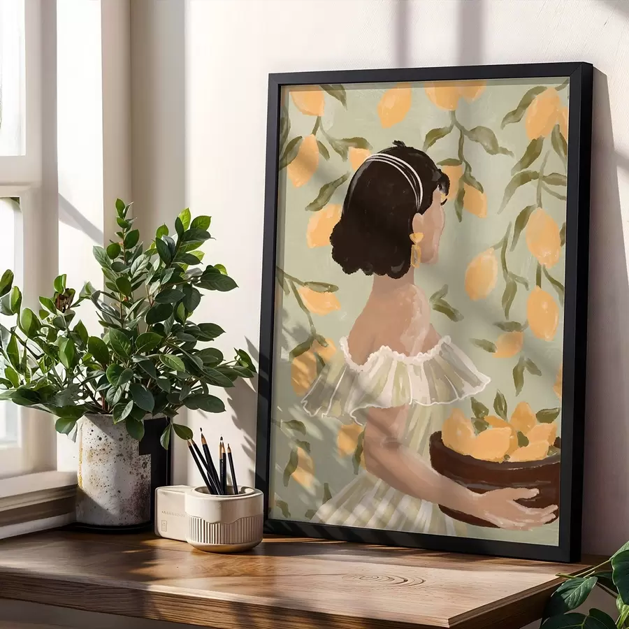 Fototapetes Sieviete, kas tur bļodu ar citroniem pie zariem f48023