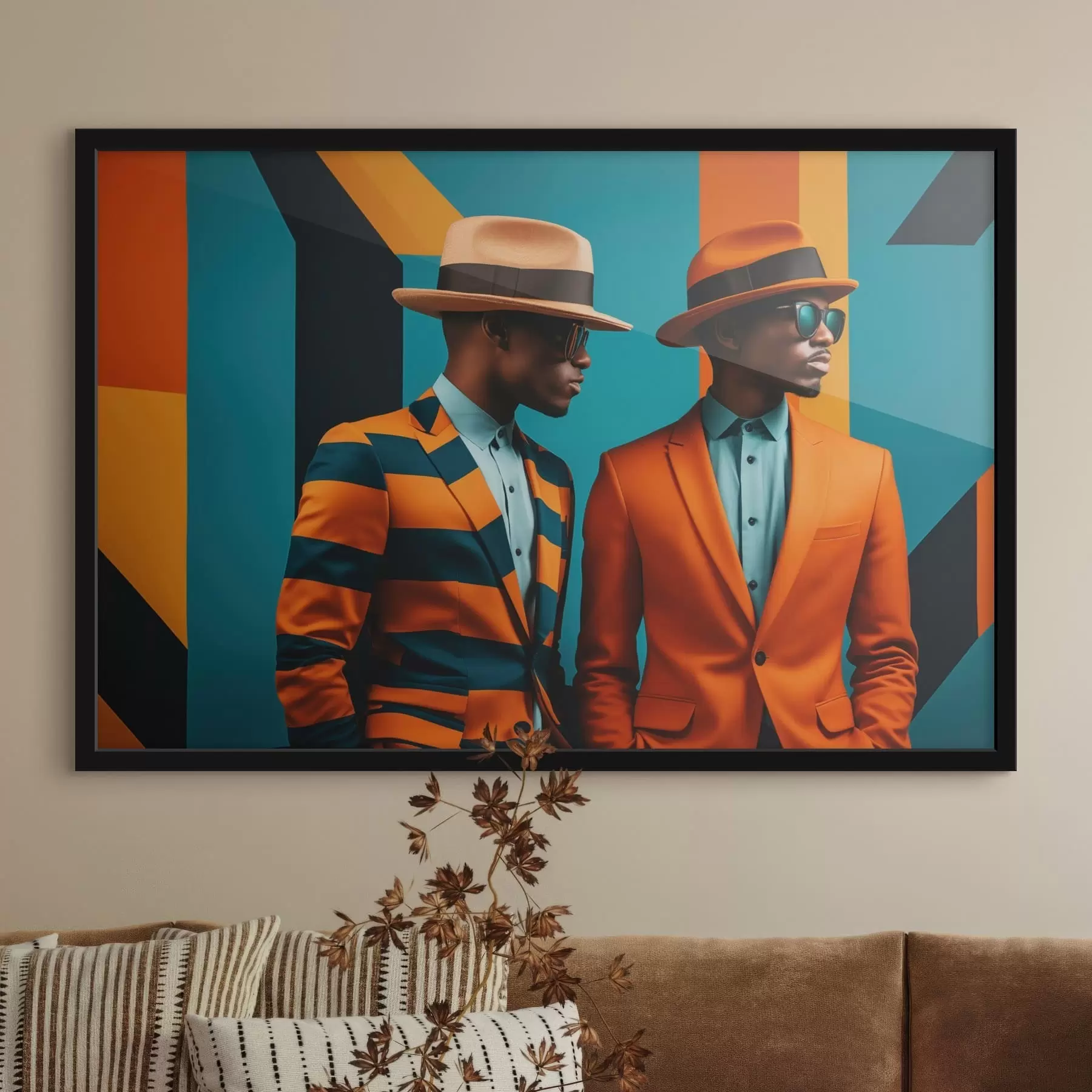 Fototapetes Divi vīrieši spilgtos uzvalkos un cepurēs f48091