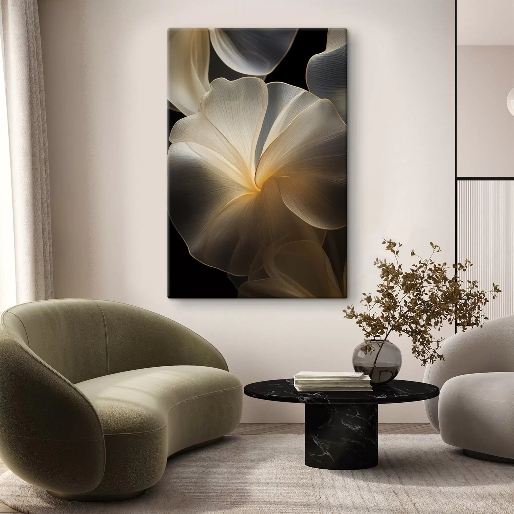 Glezna Abstrakti plūstoši caurspīdīgi ziedlapiņas ar smalkām līnijām uz tumša fona s47860