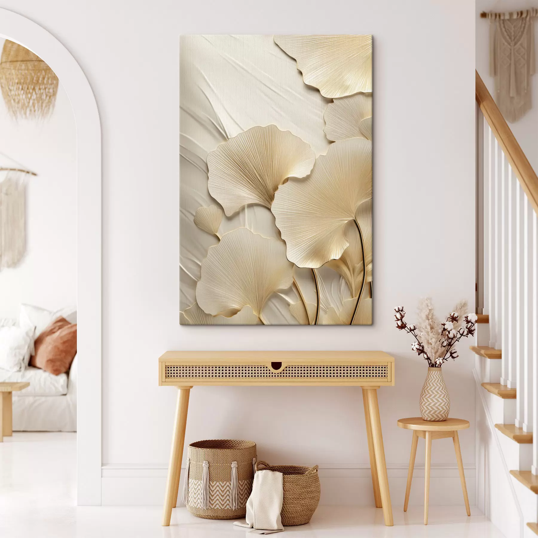 Fototapetes Ginkgo abstraktas lapas uz teksturēta, gaiša fona, eleganta un abstraktā kompozīcija s47867