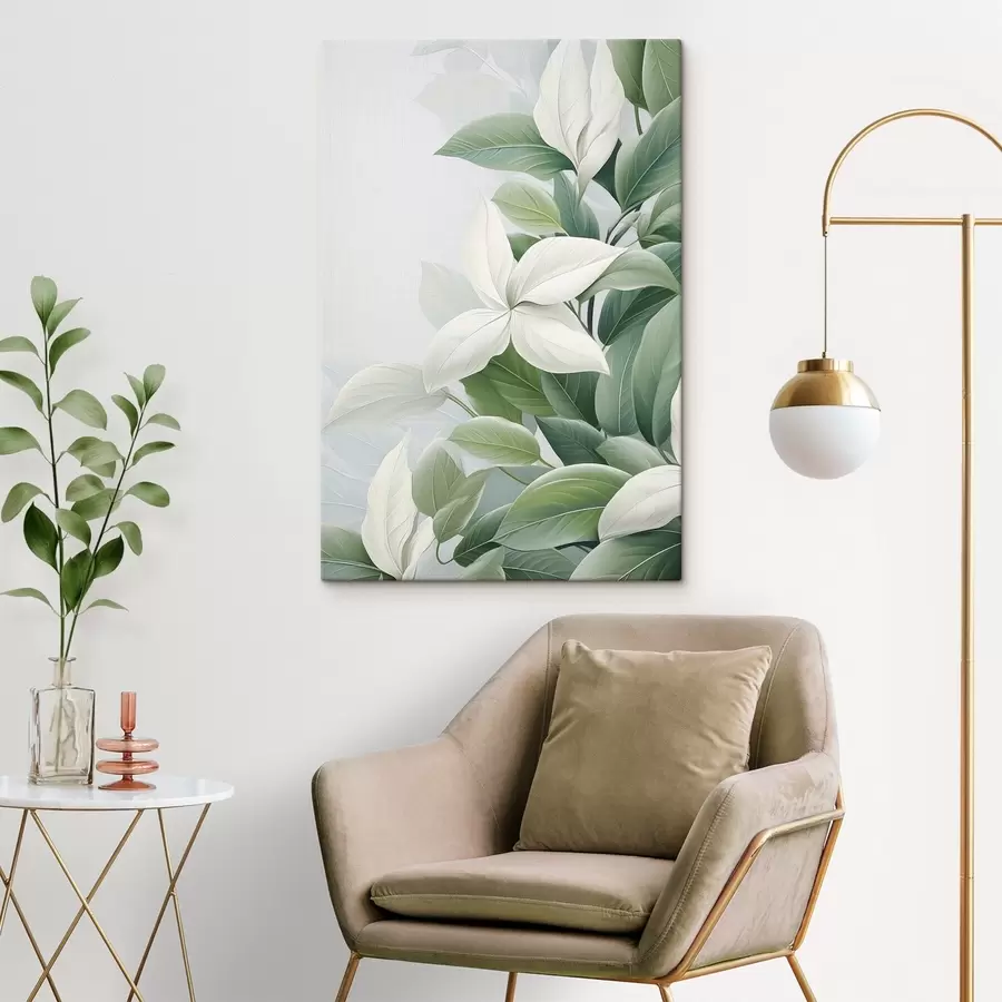 Glezna Baltas puķes ar zaļām lapām, pasteļtoņos fons s47870