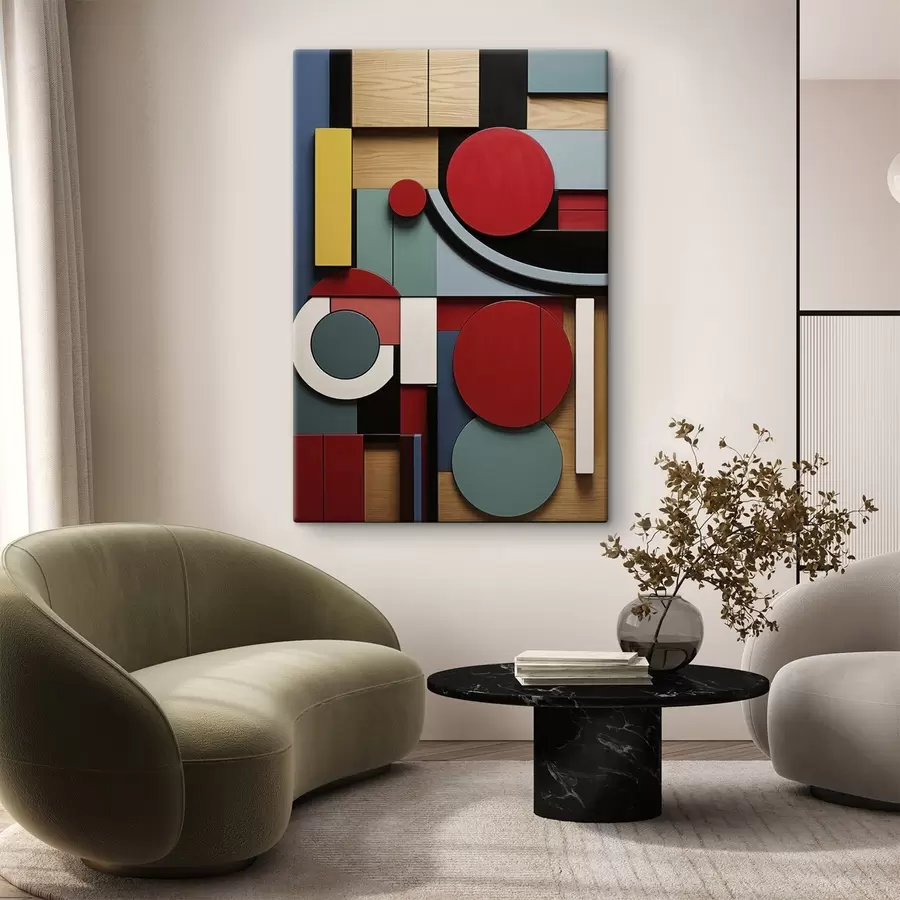 Glezna Abstrakta ģeometriska kompozīcija ar koka tekstūras imitāciju, sarkaniem, melniem, baltiem un zili zaļiem taisnstūriem un apļiem s47876