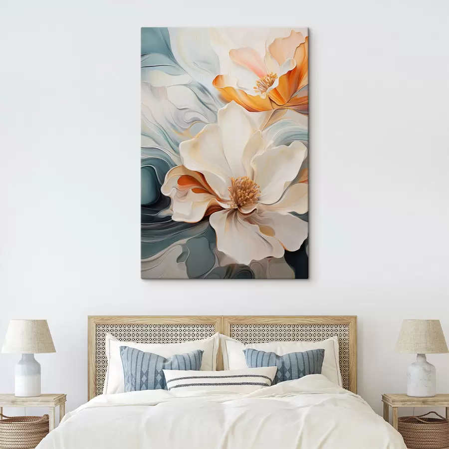 Glezna Abstrakts liels zieds ar baltiem, oranžiem un zaļgani zilganiem ziedlapiem, faktūru fonu s47878