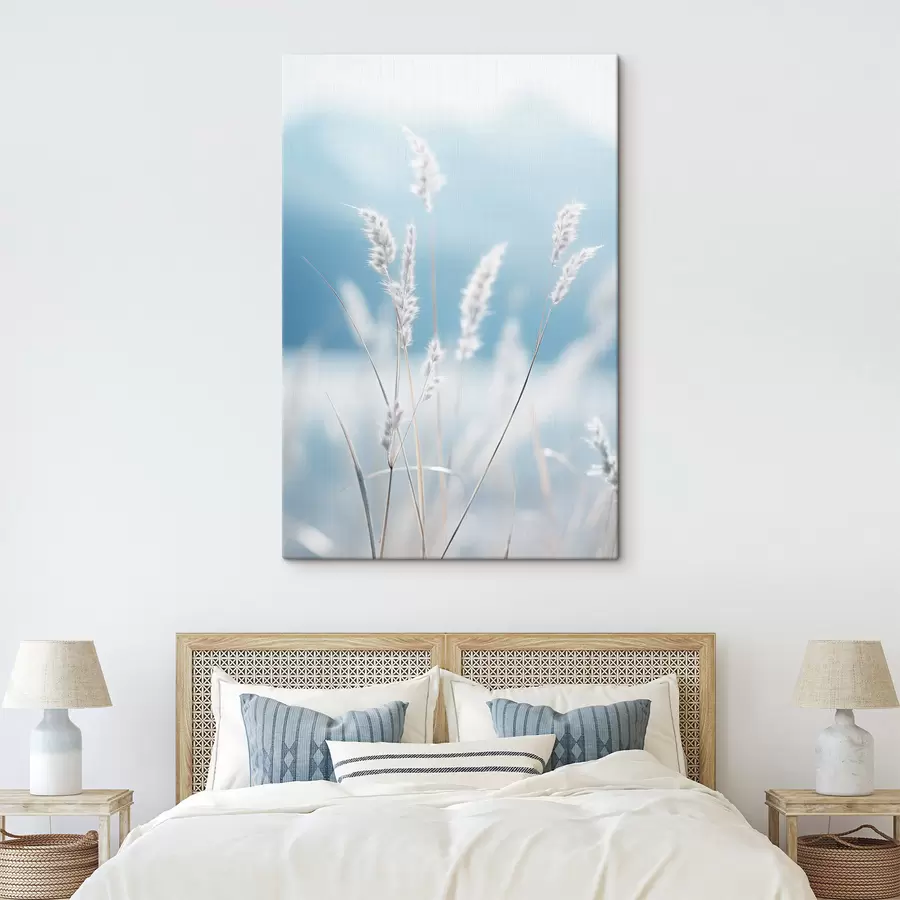 Glezna Baltas, pūkainas zāles pret maigu zilu debesi, ar nelielu lauka dziļumu s47880