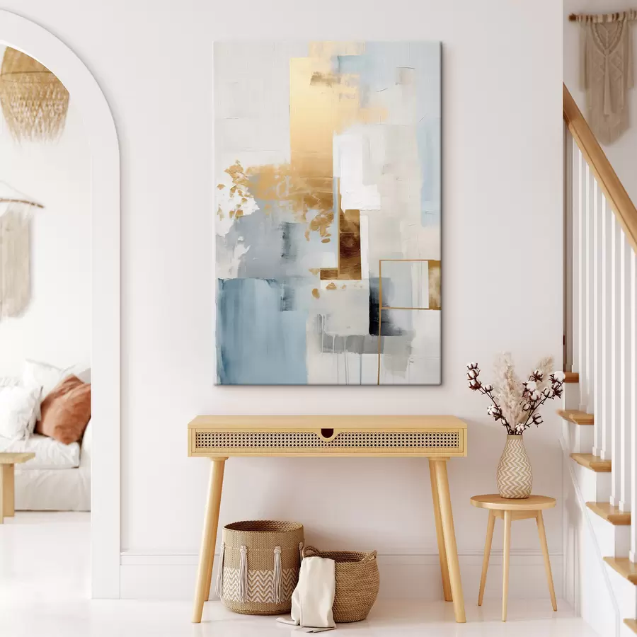 Glezna Abstraktas ģeometriskas formas ar dzeltenām, zilām un baltām krāsām, faktūru un minimālistisku kompozīciju s47881