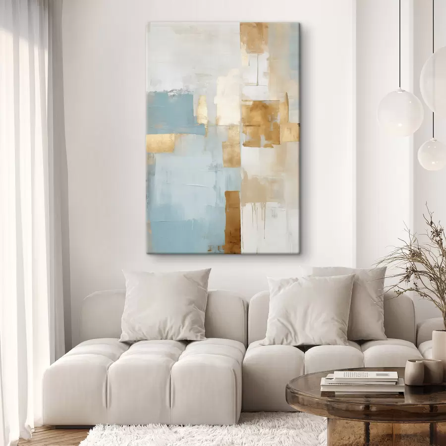 Glezna Abstraktas ģeometriskas formas ar dzeltenām, zilām un baltām krāsām, faktūru un minimālistisku kompozīciju s47882