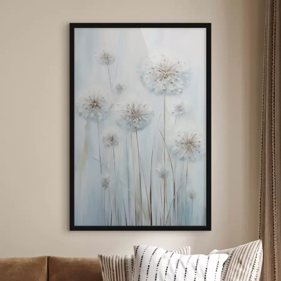 Fototapetes Teksturēts gaiļbiksīšu gleznošanas stils uz maiga zila un balta fona f47856