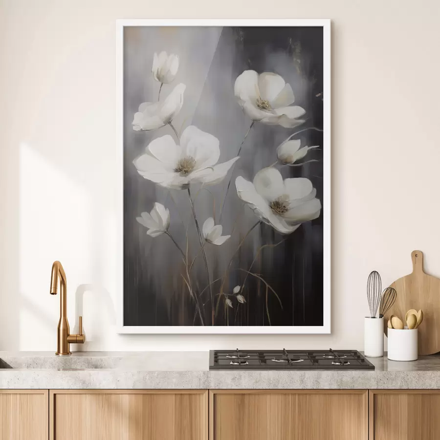 Fototapetes Baltas ziedi ar brūnu centru un plāniem kātiņiem uz tumša, faktūru fona f47858