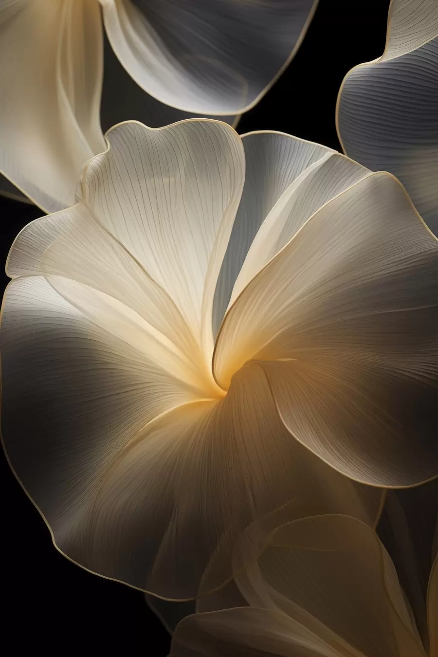 Fototapetes Abstrakti plūstoši caurspīdīgi ziedlapiņas ar smalkām līnijām uz tumša fona f47860