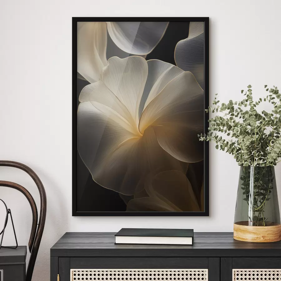 Fototapetes Abstrakti plūstoši caurspīdīgi ziedlapiņas ar smalkām līnijām uz tumša fona f47860